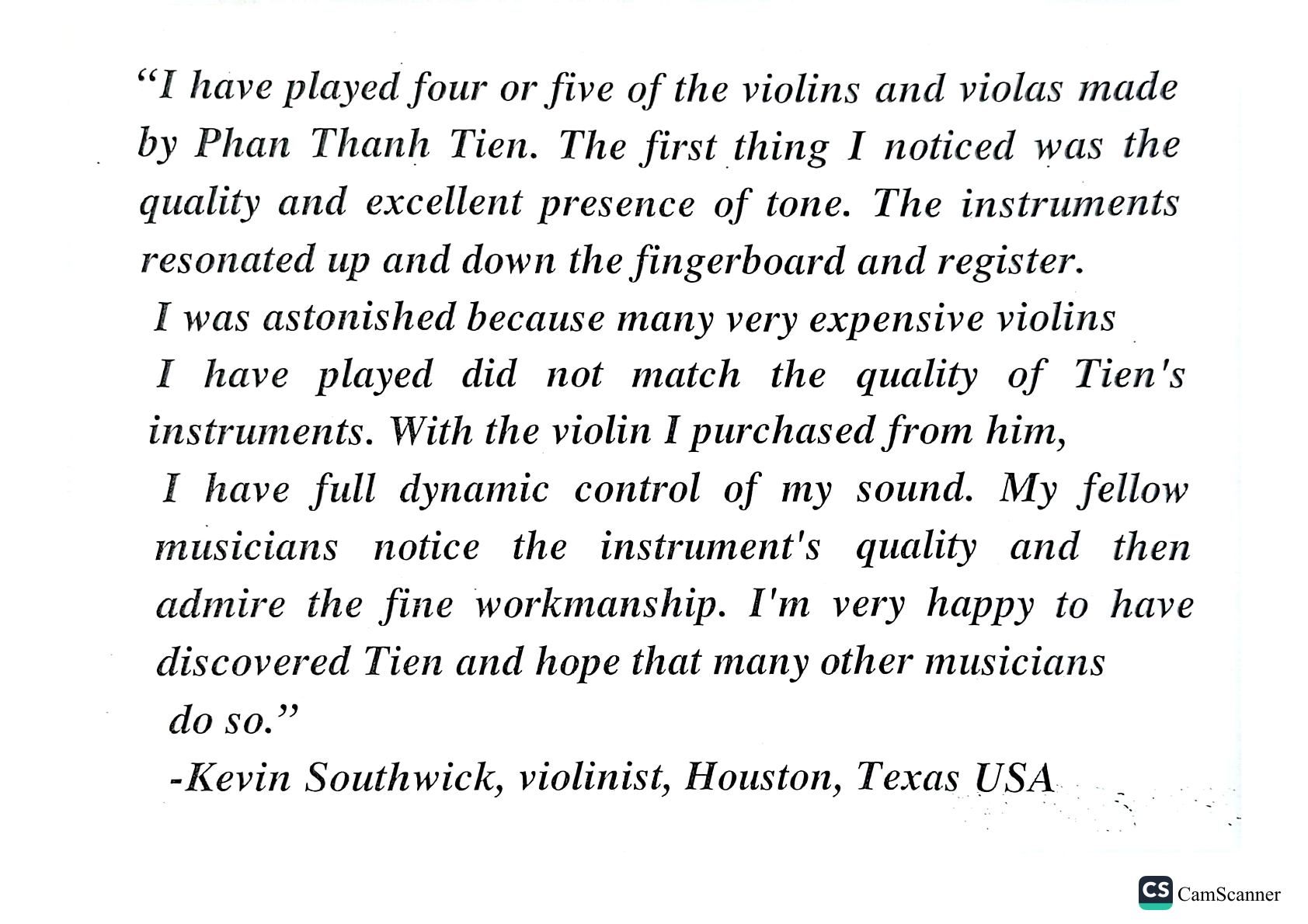 Kevin Southwick, violinist, Houston, Texas USA